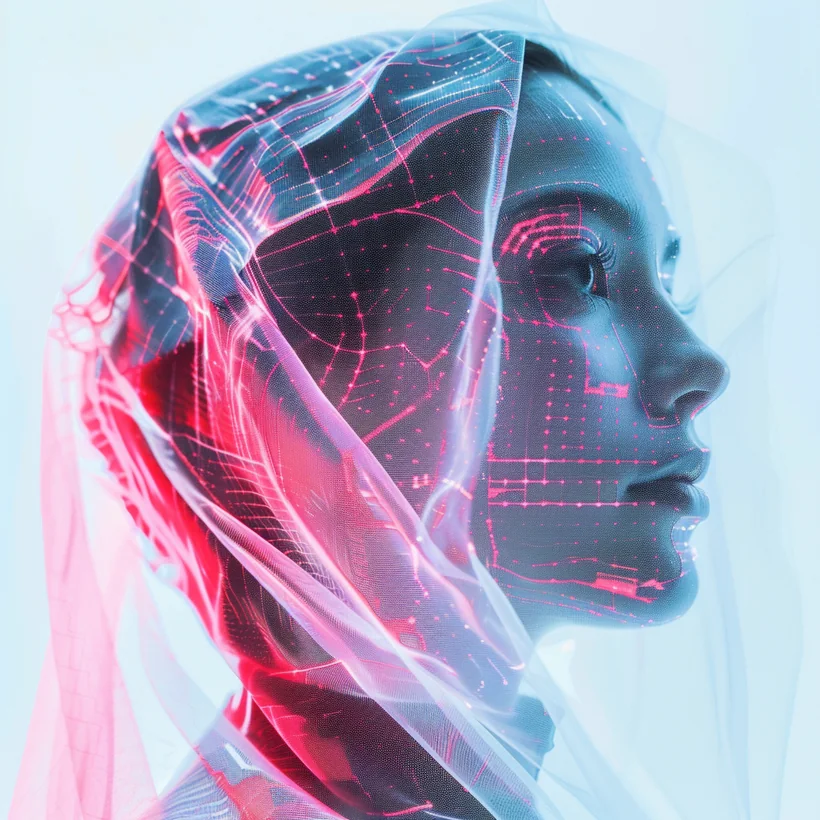 Retrato conceitual unindo rosto humano e malha de dados, simbolizando moda e IA